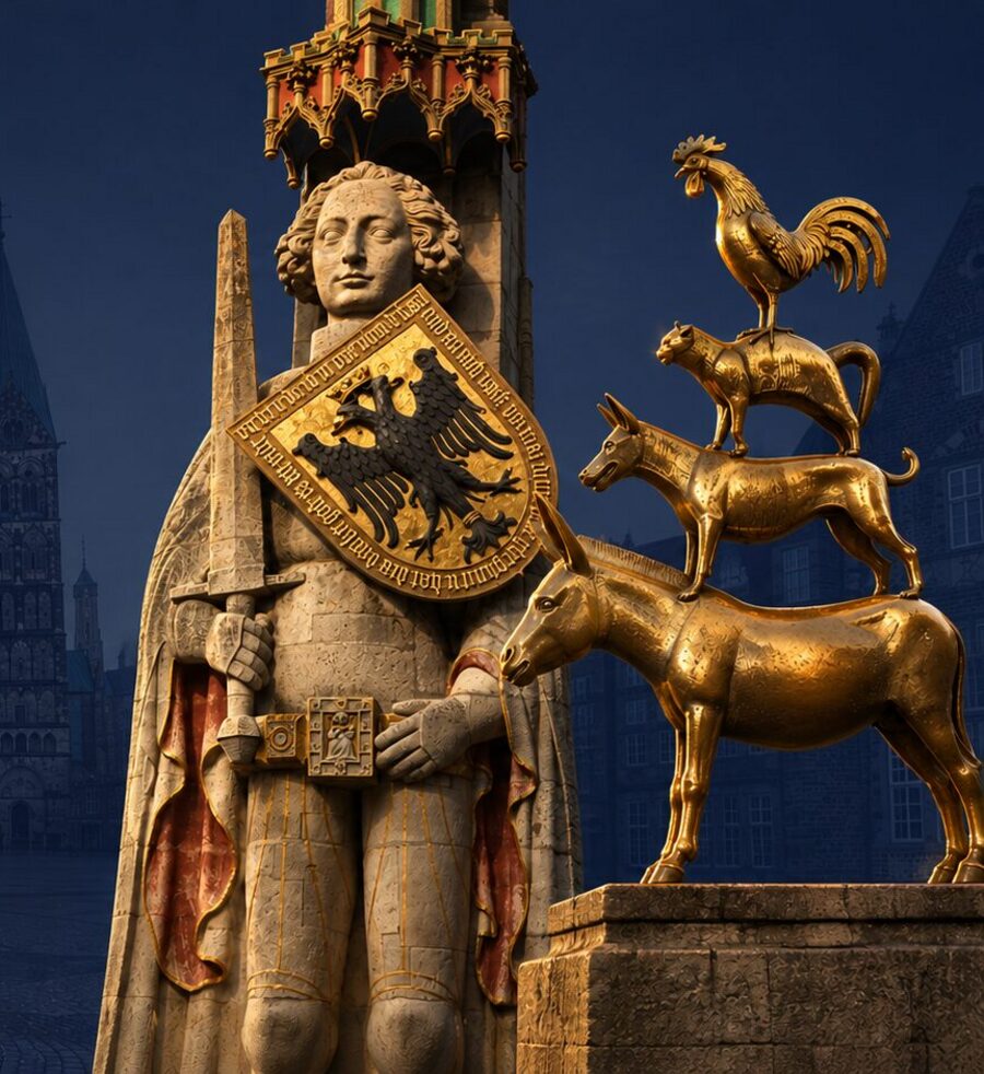 Der Bremer Roland und die Bremer Stadtmusikanten auf dem Marktplatz in Bremen